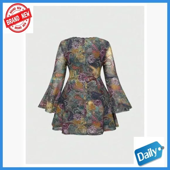 Plus Size Long Sleeve V Neck Mesh Mini Dress Boho Vintage Style - Picture 3 of 4